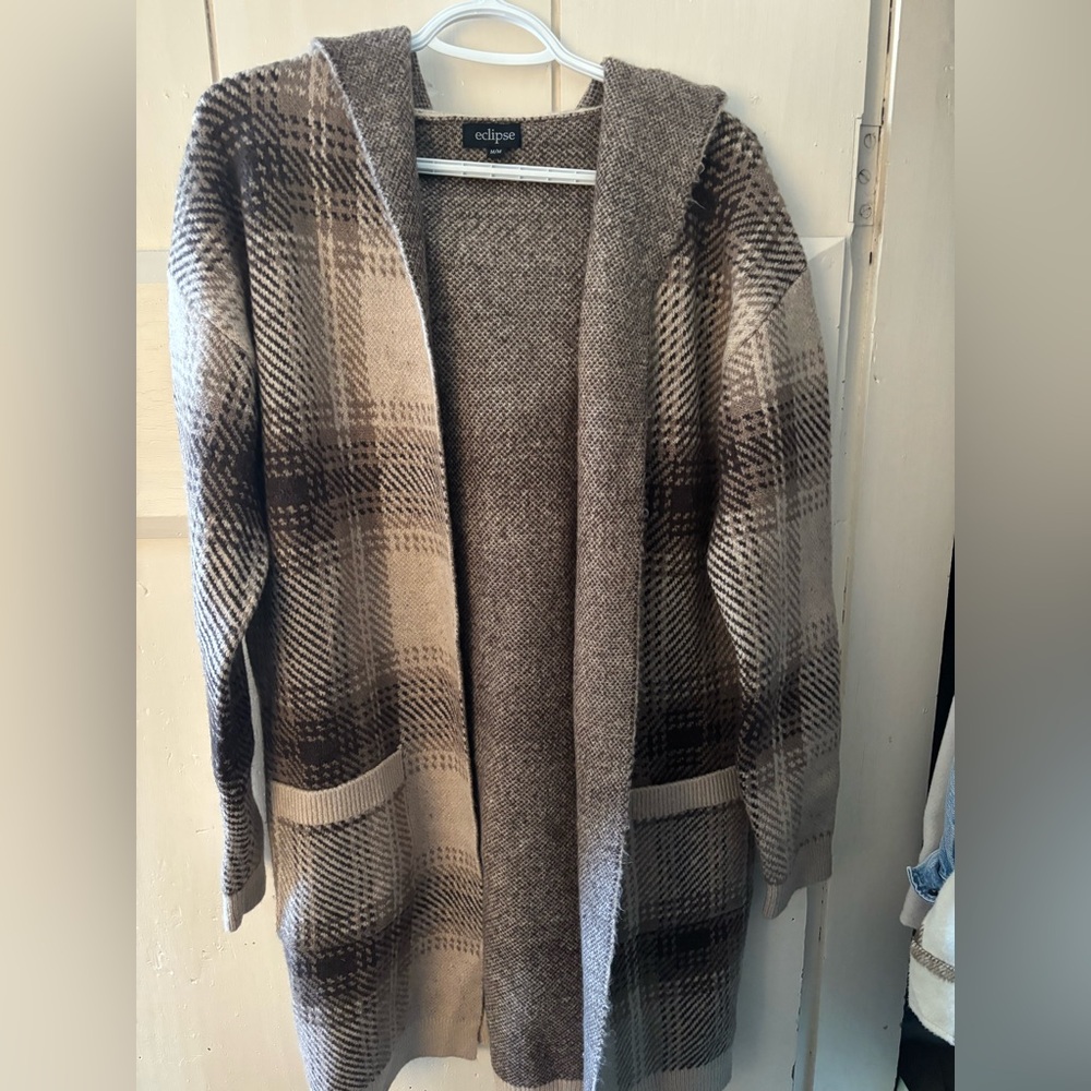 Eclipse Plaid Open-Front Cardigan - Brown and Cream